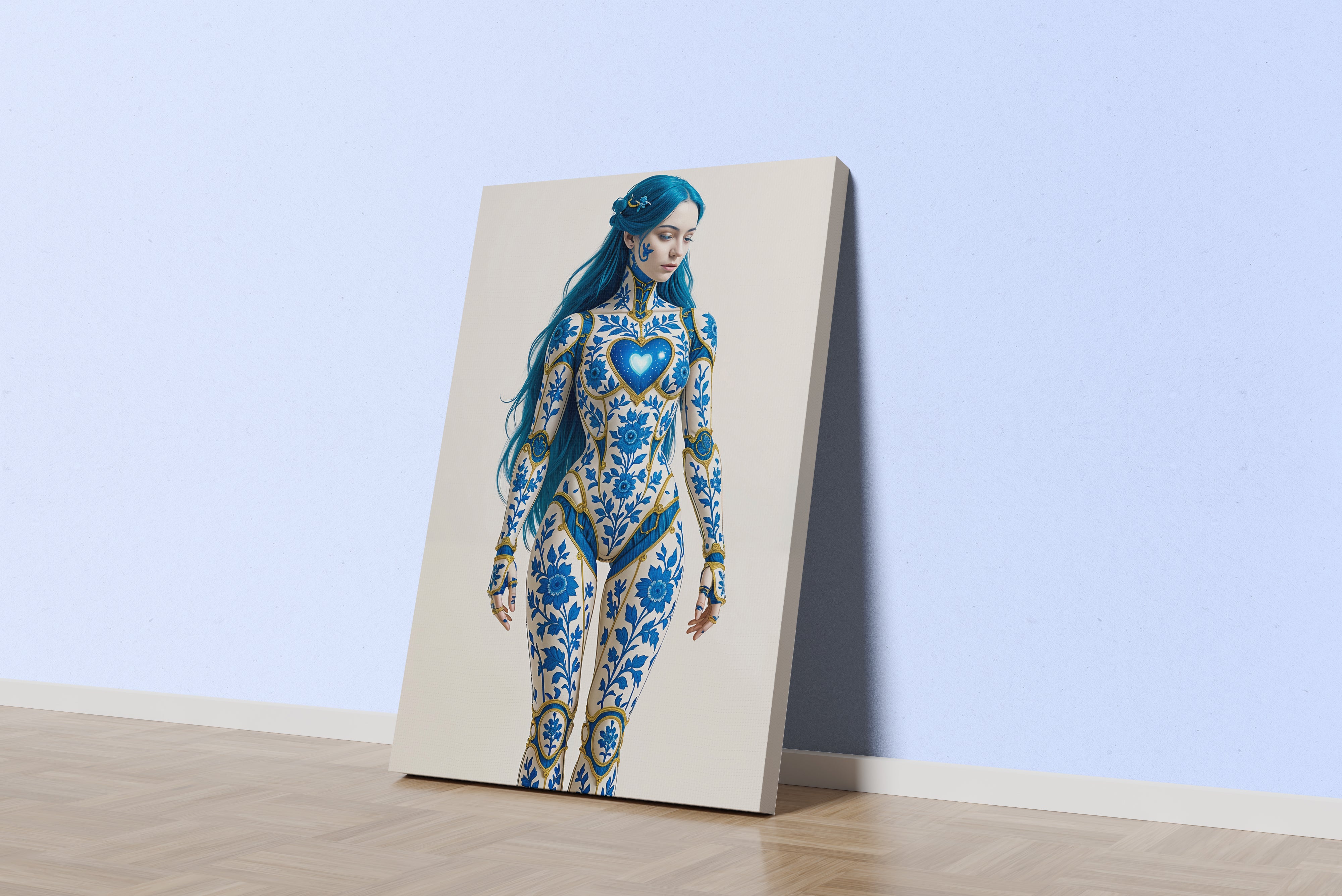 ai creation, an android with blue hair and a body of delftware porcelain and gold, ai art, art, kanvas tablo