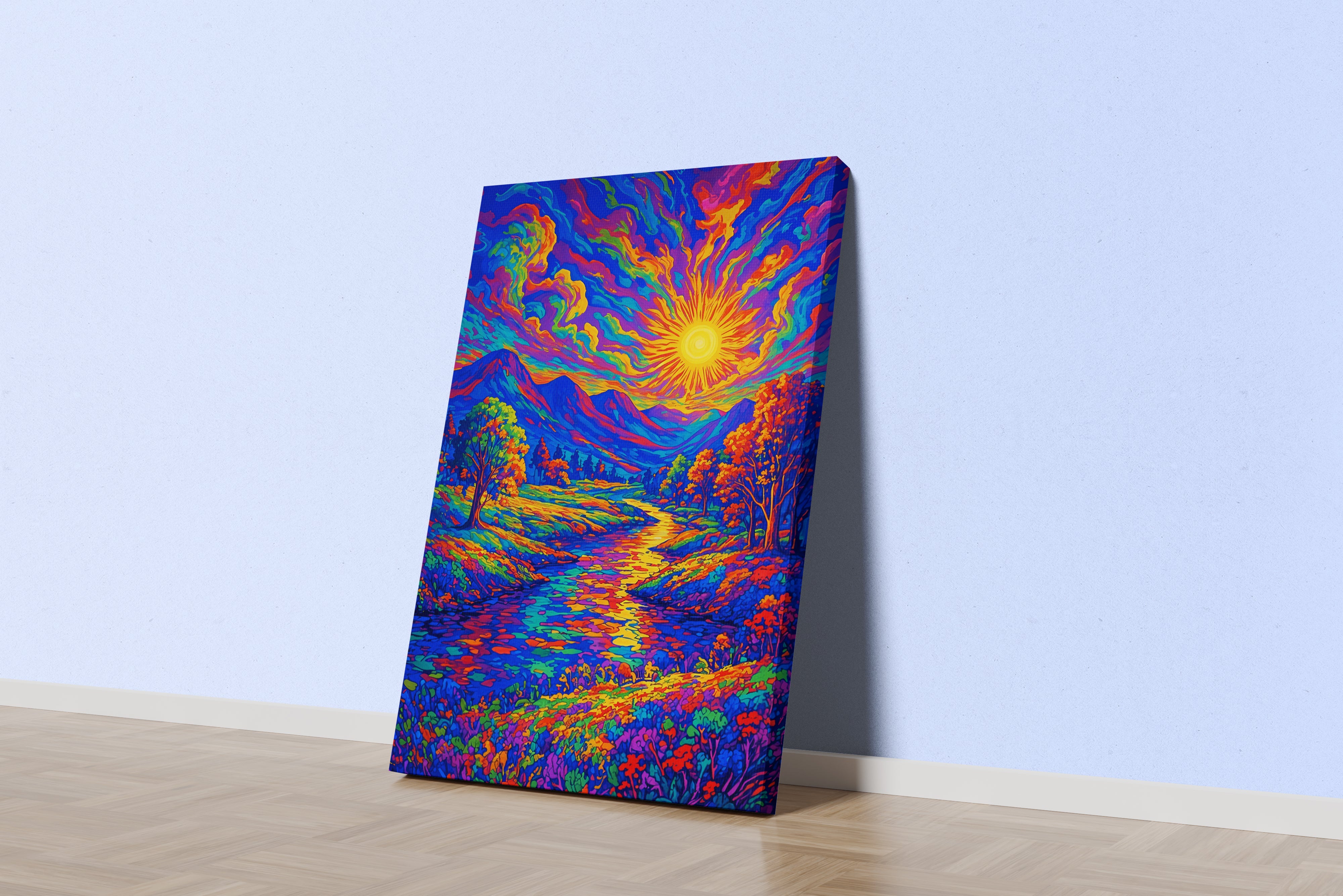 ai creation, multicolored sunrise view among the mountains, ai art, art, kanvas tablo