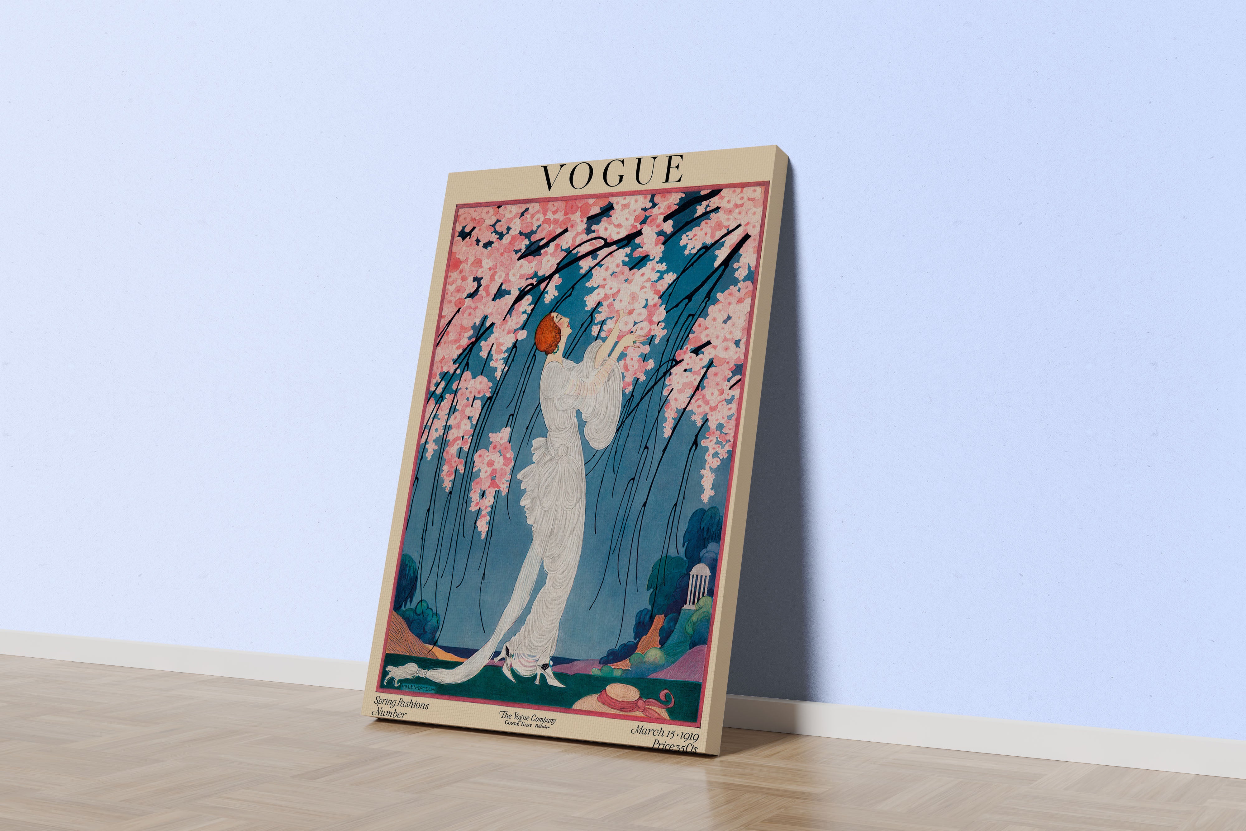 a vintage art nouveau vogue cover of a woman under pink blossoms, art, kanvas tablo