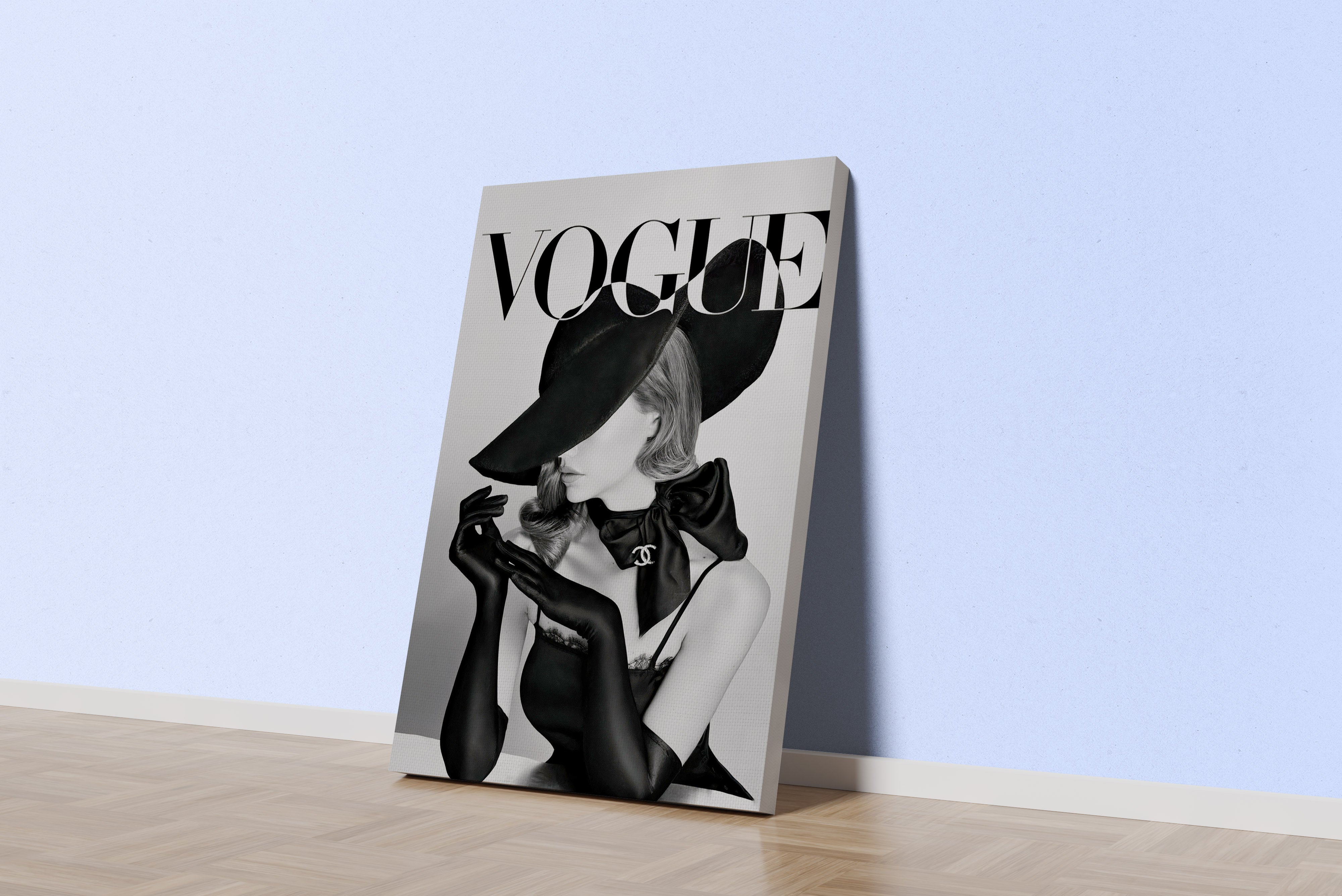an elegant, mysterious woman in a big hat and gloves on a vogue cover, art, kanvas tablo