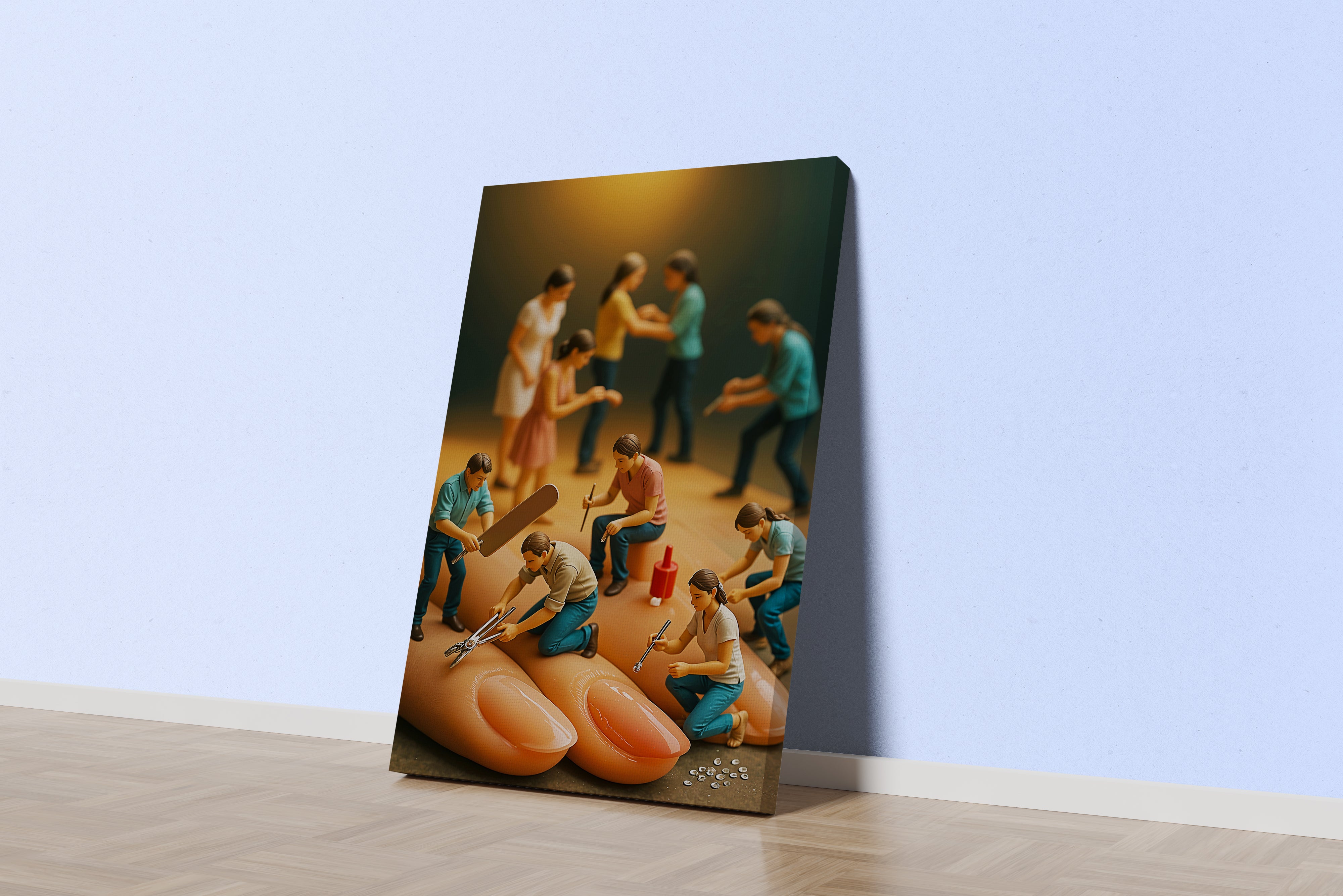 ai creation, miniature nail workers, ai art, art, kanvas tablo