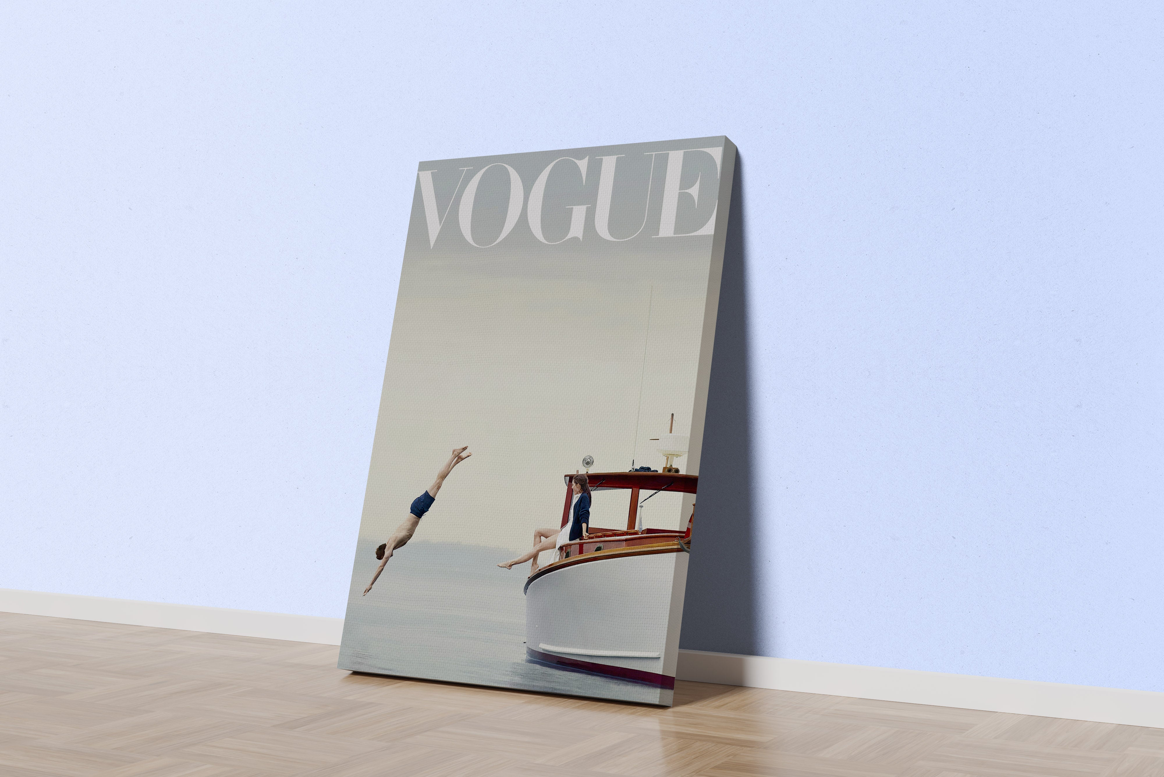 a vogue cover of a man diving off a classic boat as a woman watches, art, kanvas tablo
