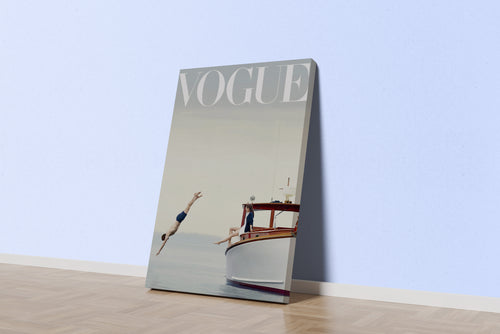 a vogue cover of a man diving off a classic boat as a woman watches, art, kanvas tablo