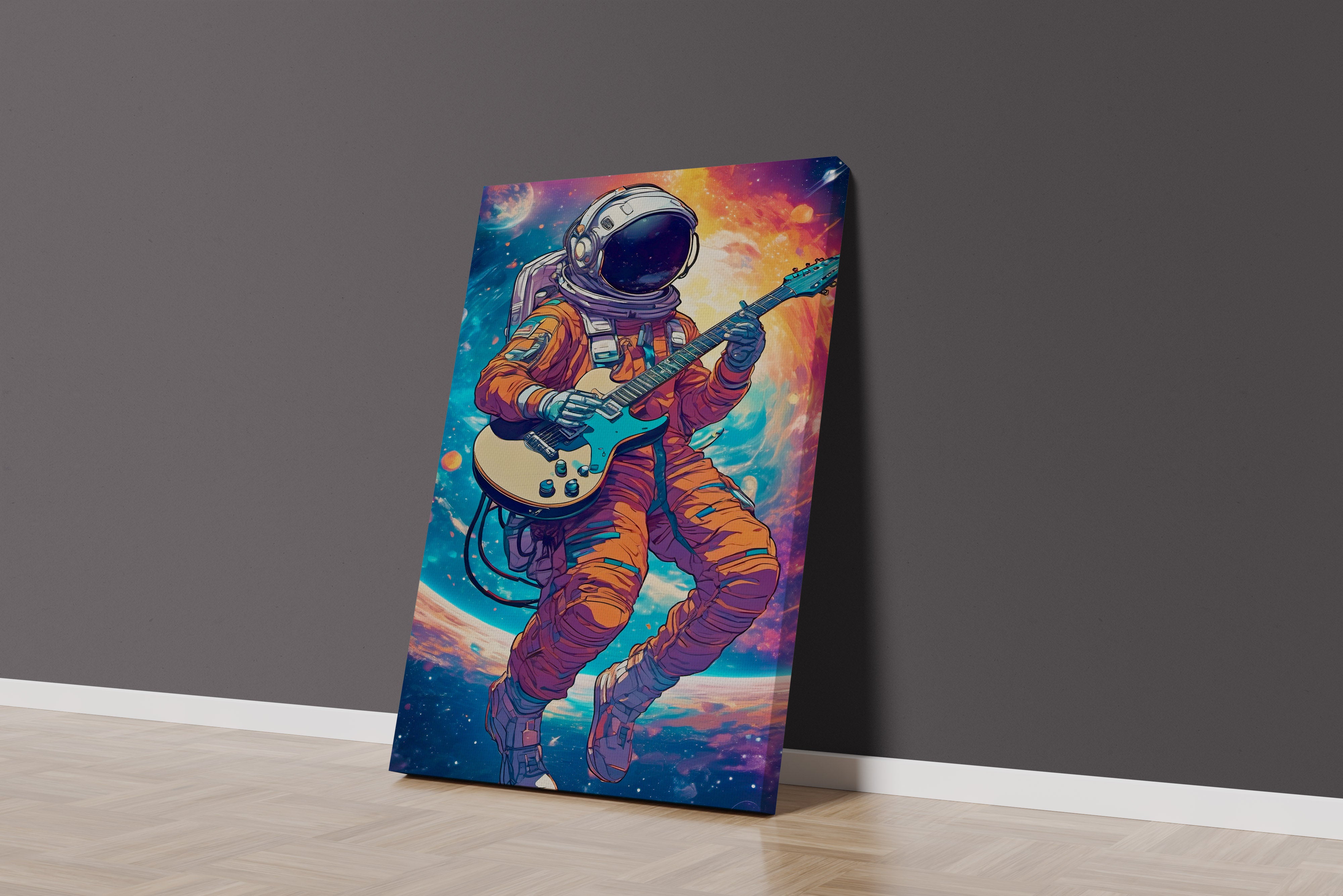 ai creation, astronaut playing guitar in space model 1, orange theme, ai art, art, kanvas tablo