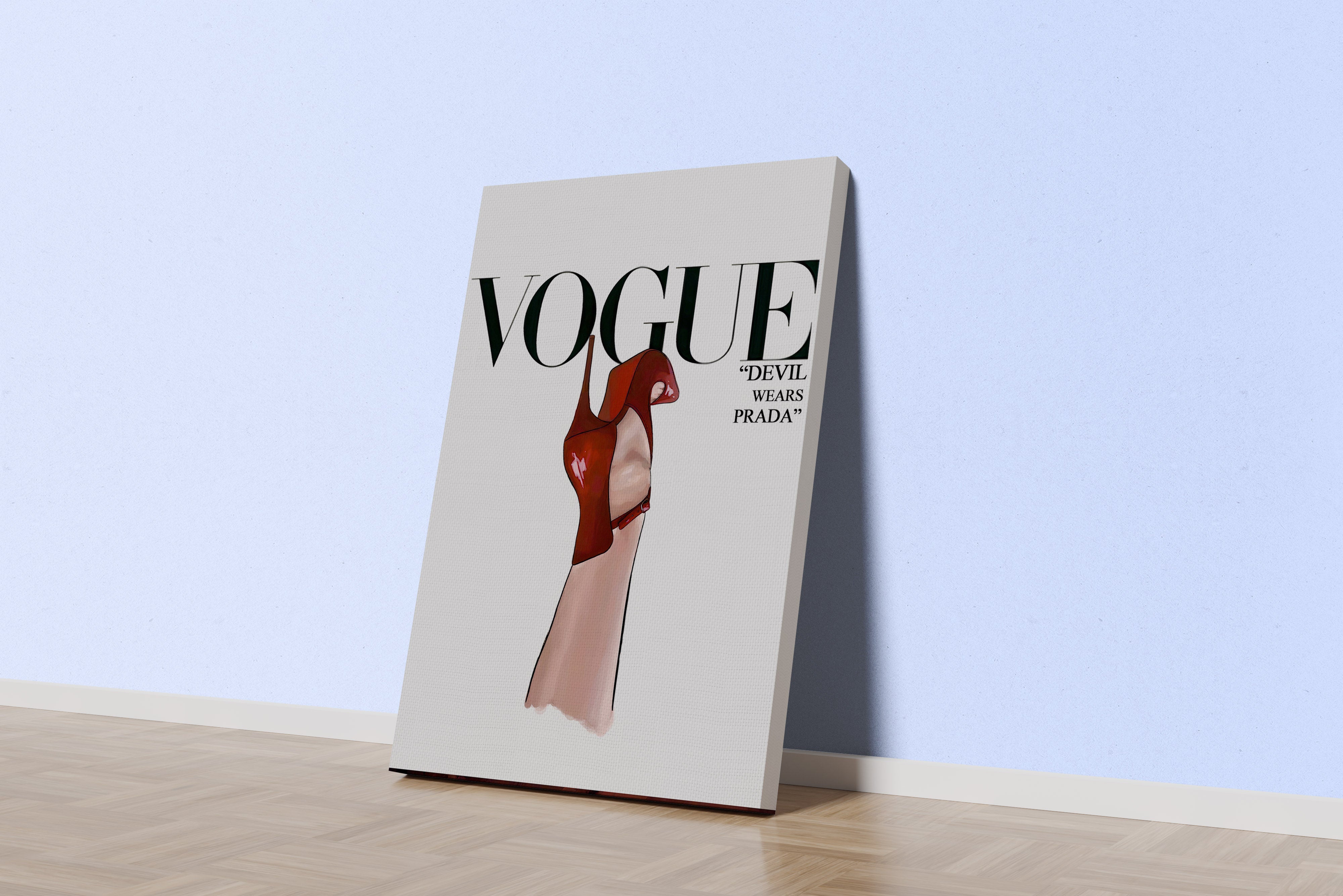a minimalist vogue cover illustration of a red heel as a devil's hood, art, kanvas tablo