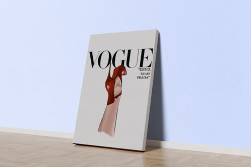 a minimalist vogue cover illustration of a red heel as a devil's hood, art, kanvas tablo