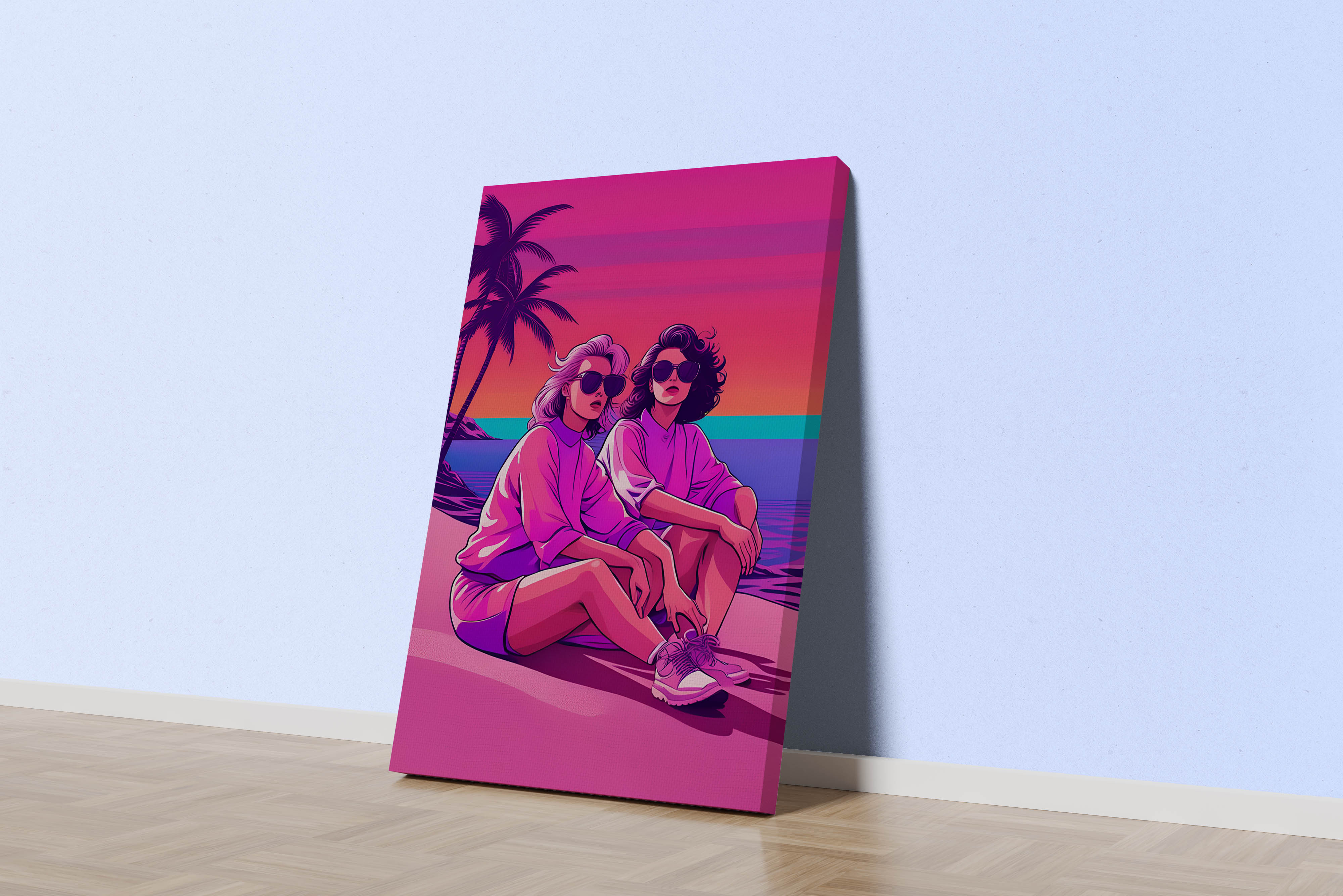 retrowave vogue, pop art, palm, sunshine, sitting on the beach, art, kanvas tablo