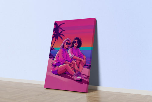 retrowave vogue, pop art, palm, sunshine, sitting on the beach, art, kanvas tablo