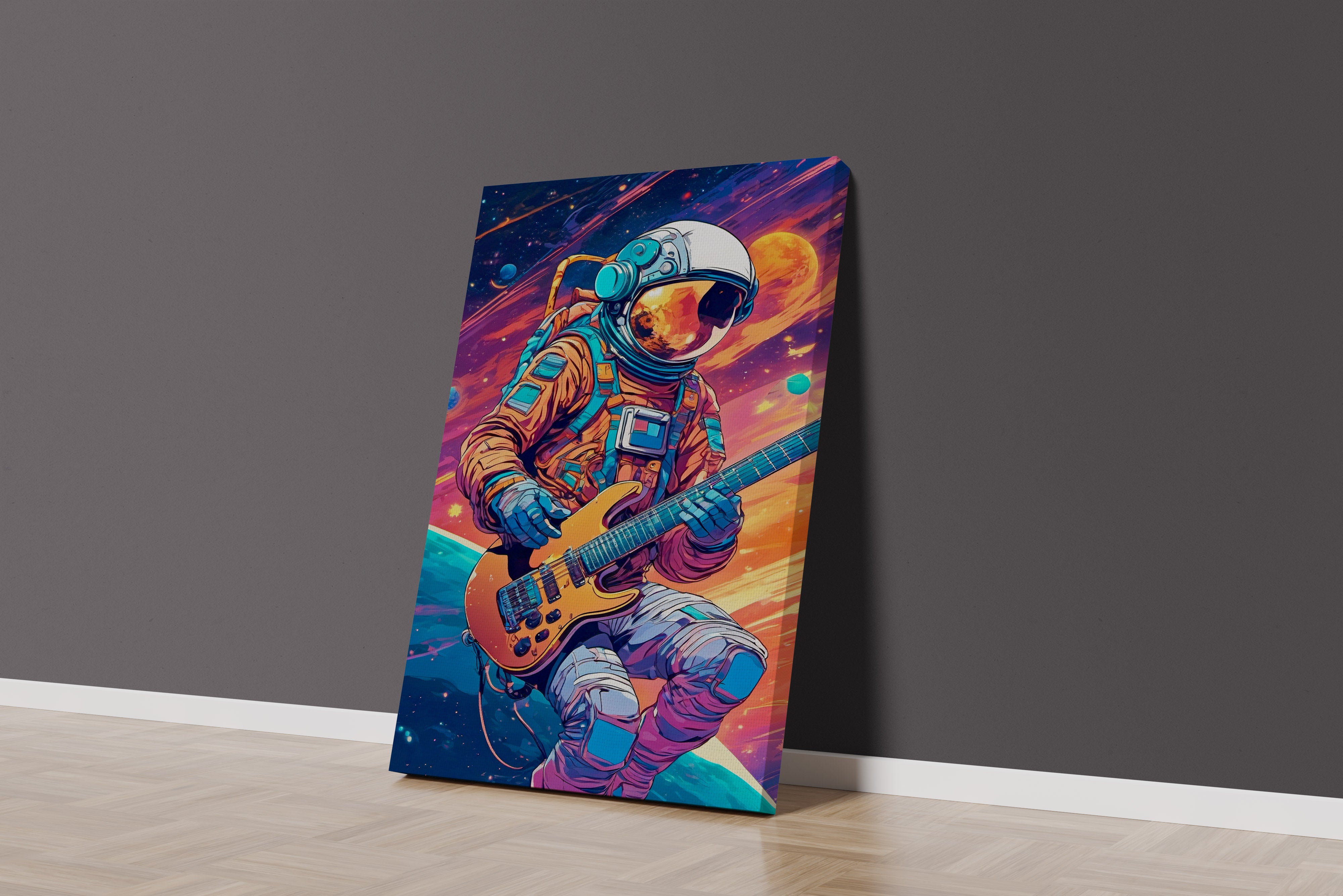 ai creation, astronaut playing guitar in space model 3, orange theme, ai art, art, kanvas tablo