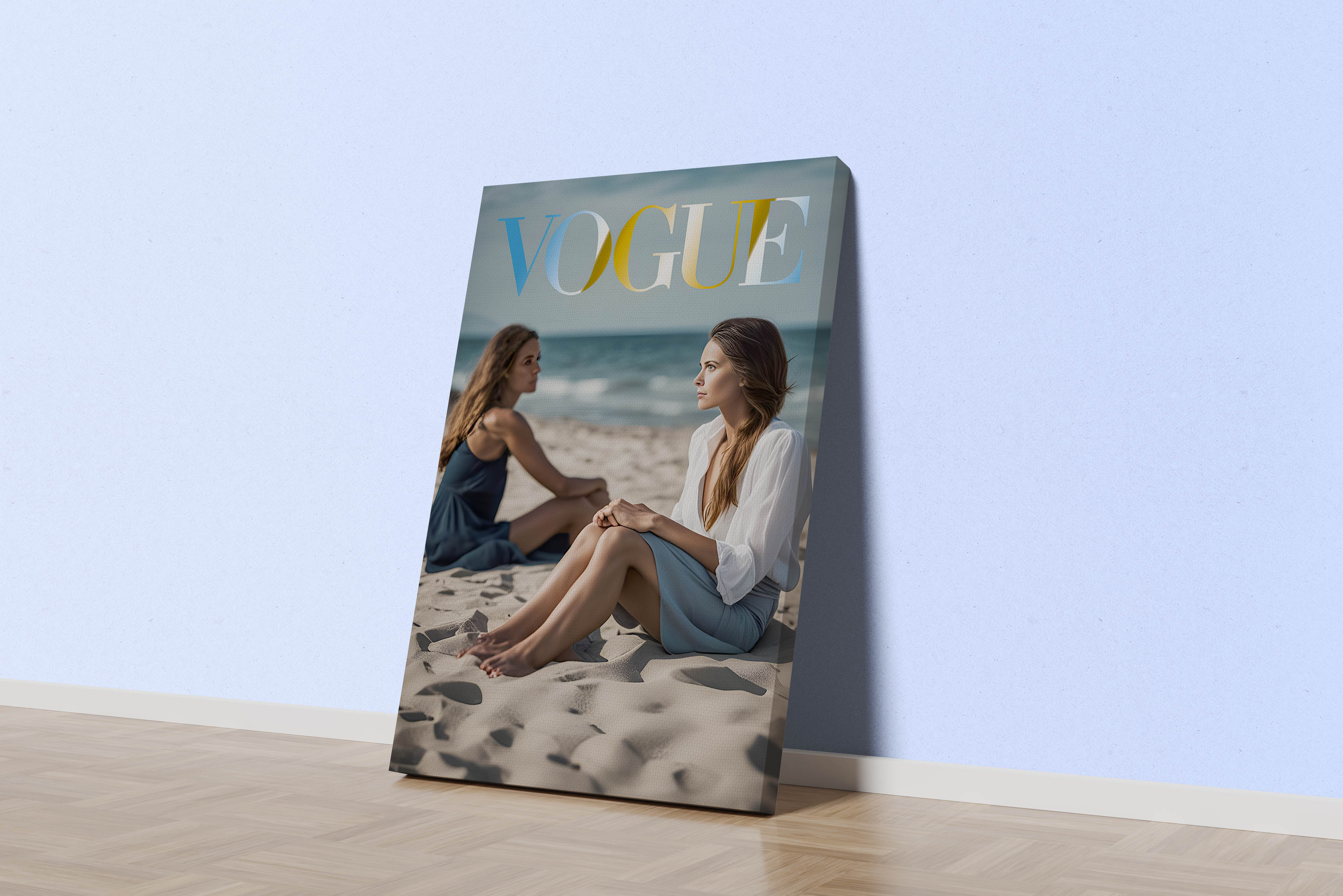 ai creation vogue, beauty, sitting on the beach, art, kanvas tablo