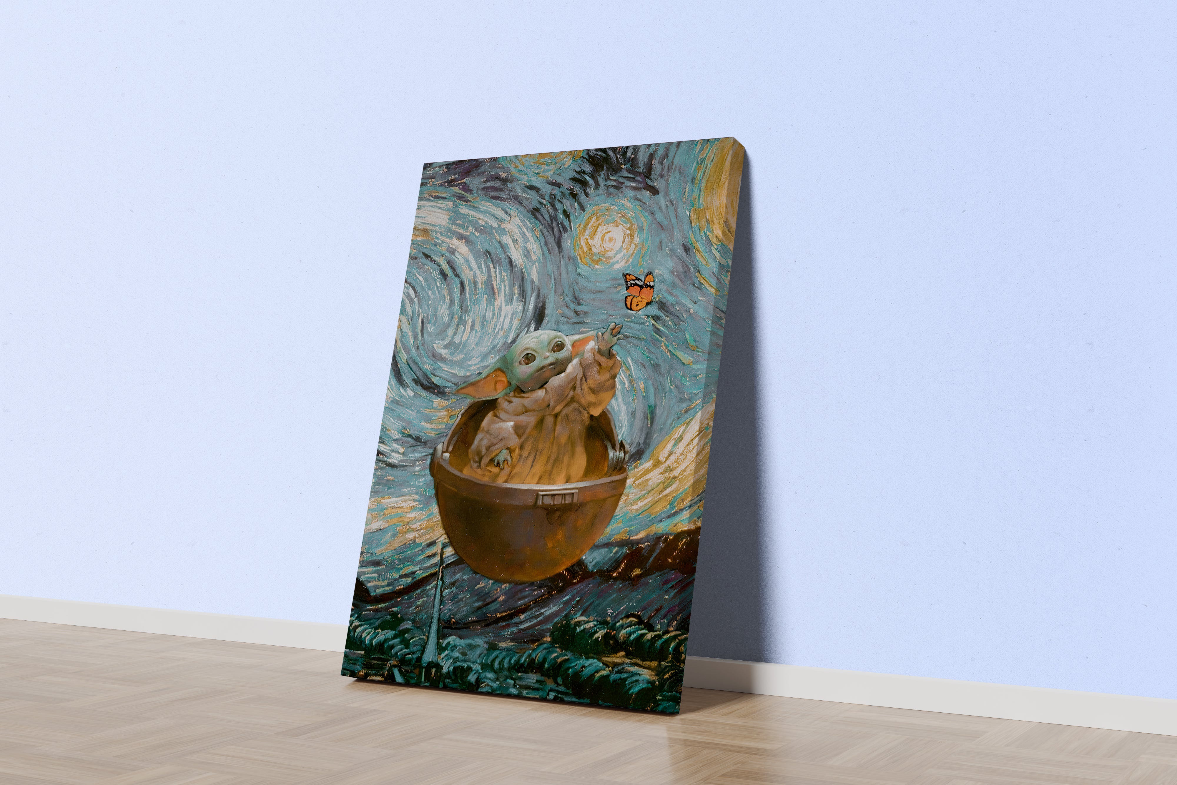 baby yoda painted in the style of van gogh's the starry night, art, kanvas tablo