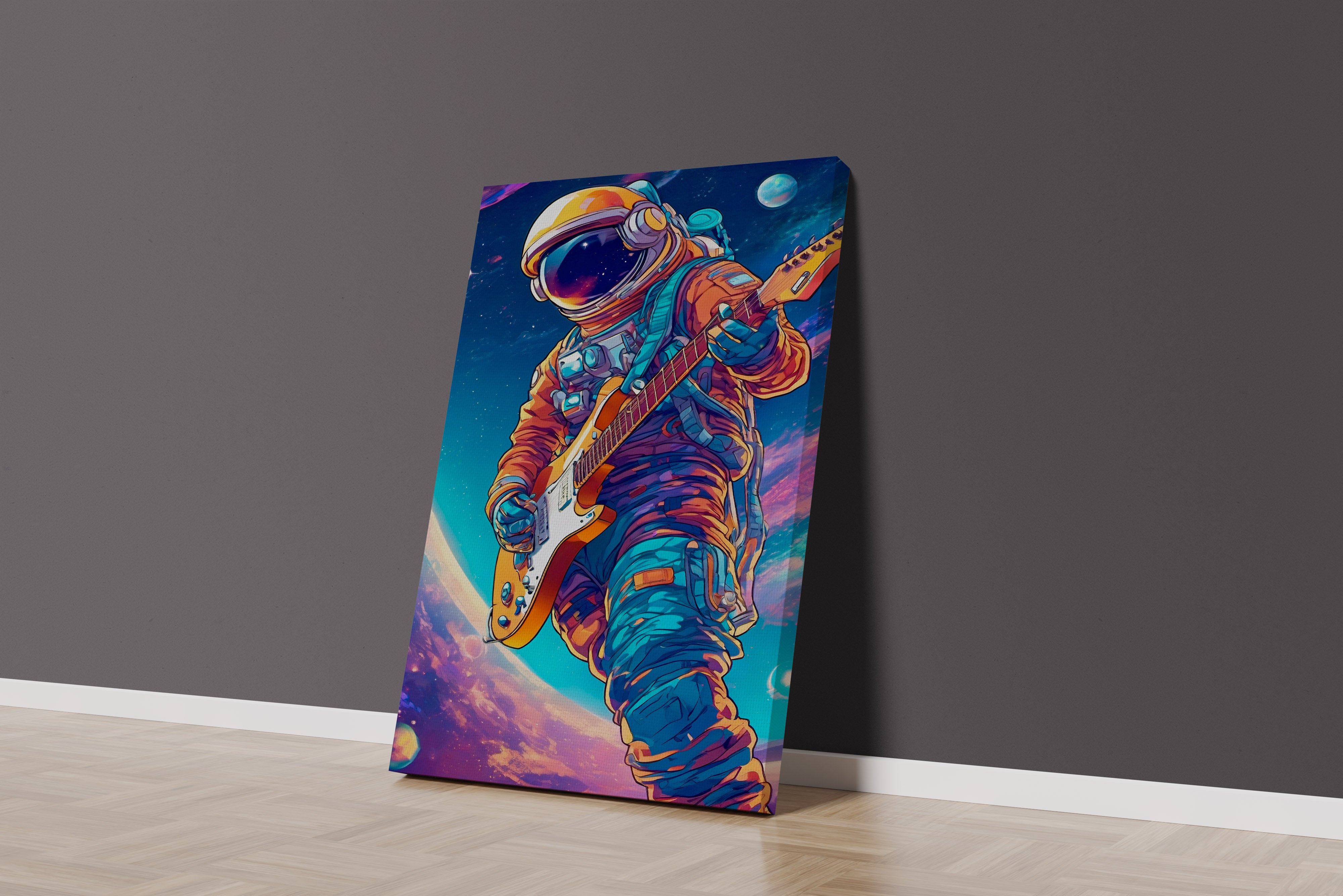 ai creation, astronaut playing guitar in space model 2, orange theme, ai art, art, kanvas tablo