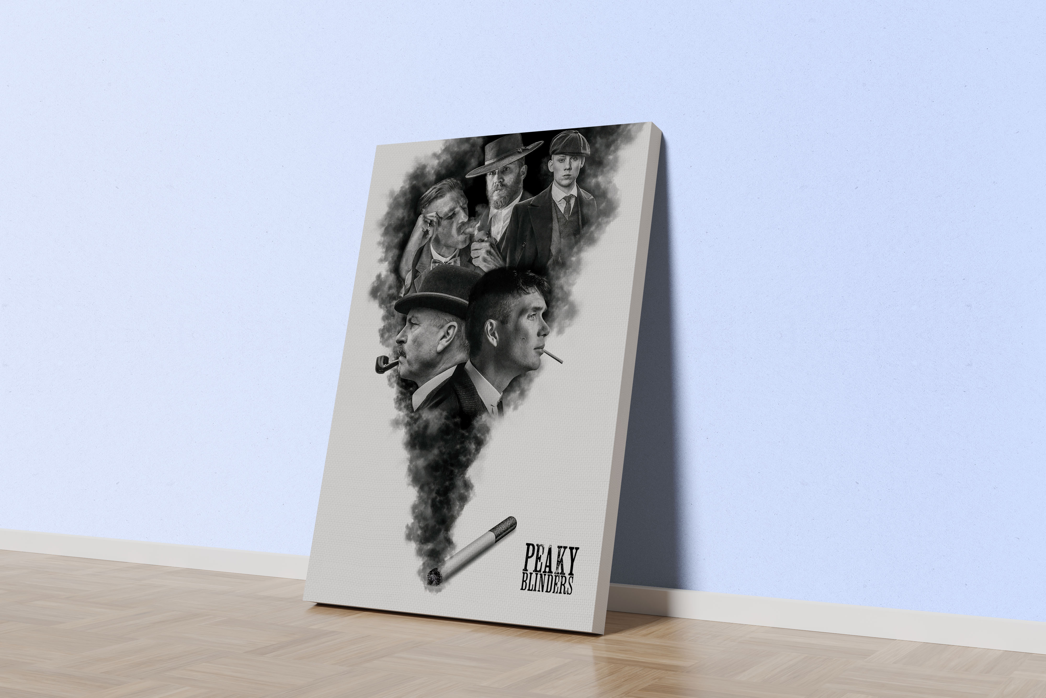 a montage of peaky blinders characters emerging from a plume of cigarette smoke, art, kanvas tablo