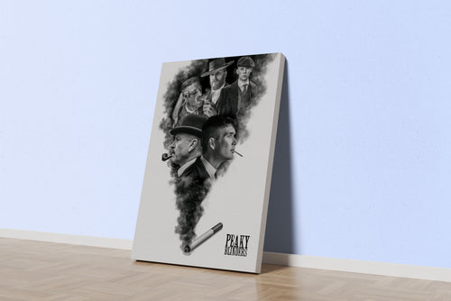 a montage of peaky blinders characters emerging from a plume of cigarette smoke, art, kanvas tablo