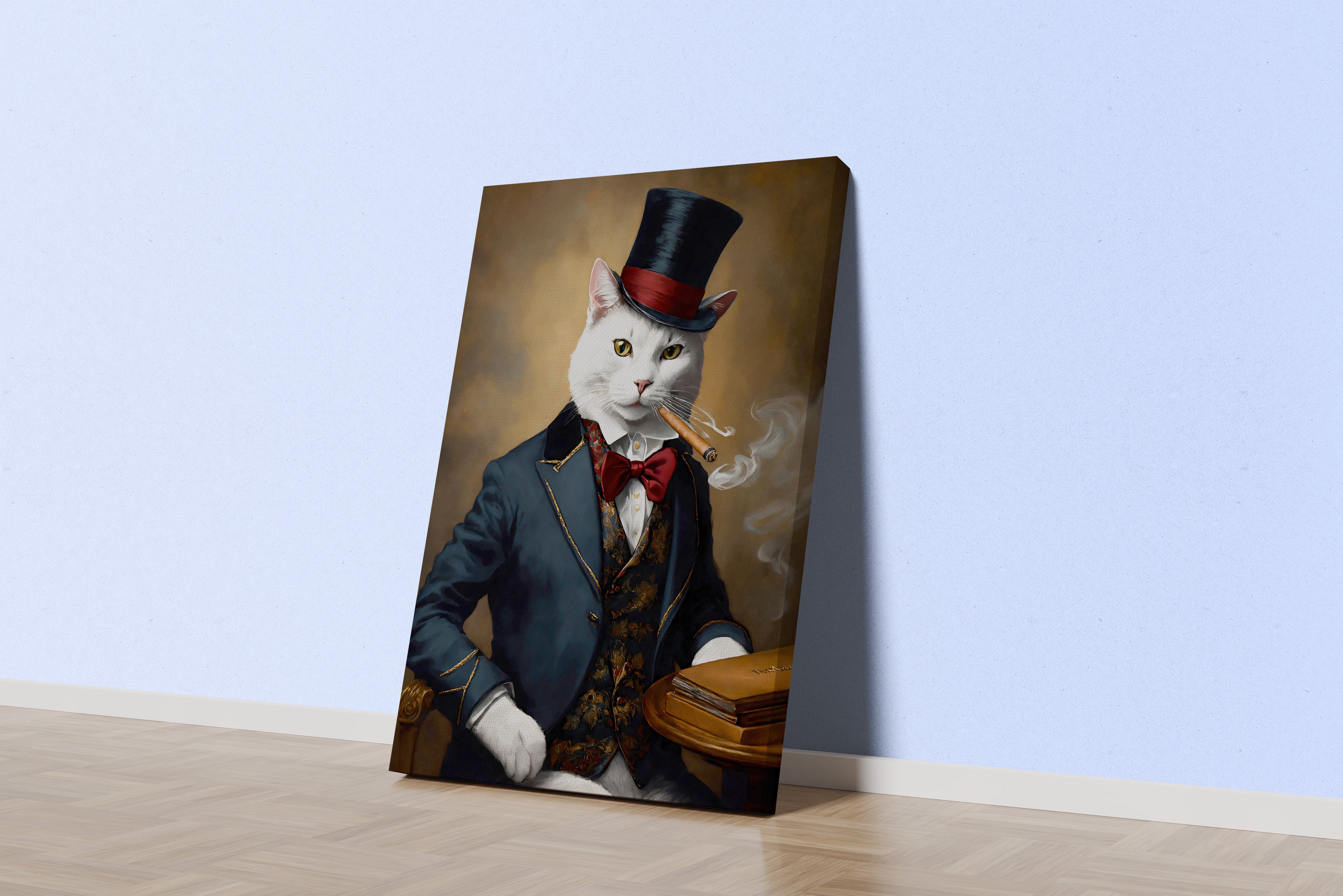 cat in a hat smoking a cigar, smoke, pet, art, kanvas tablo