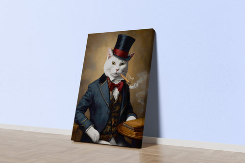 cat in a hat smoking a cigar, smoke, pet, art, kanvas tablo