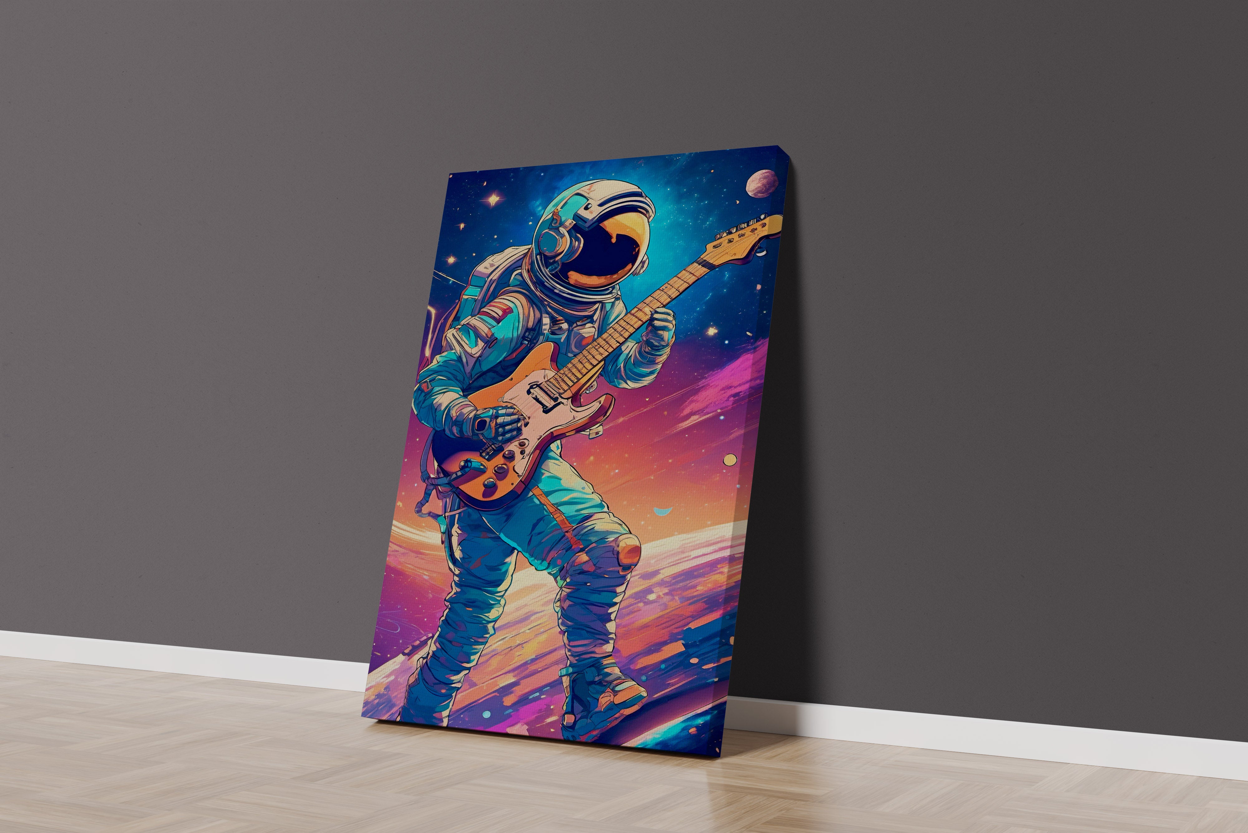 ai creation, astronaut playing guitar in space model 4, orange theme, ai art, art, kanvas tablo