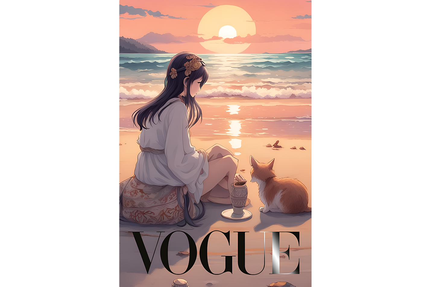 ai creation vogue, anime, beauty, sitting on the beach with cat, art, kanvas tablo