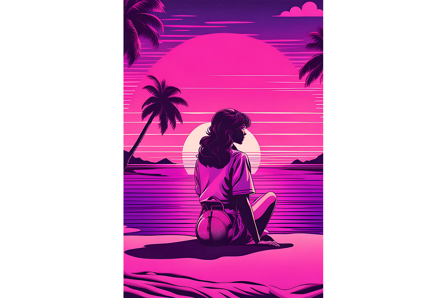 retrowave vogue, pop art, sunshine, sitting on the beach, art, kanvas tablo
