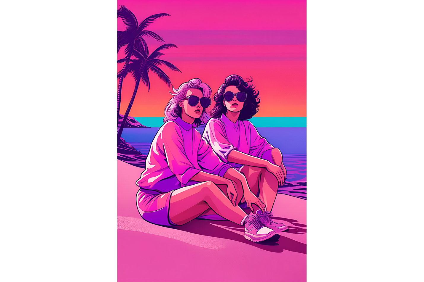 retrowave vogue, pop art, palm, sunshine, sitting on the beach, art, kanvas tablo
