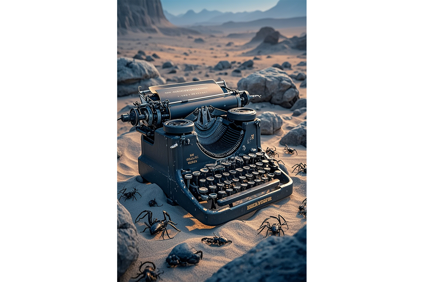 ai creation, a typewriter stuck in the desert among insects, ai art, art, kanvas tablo