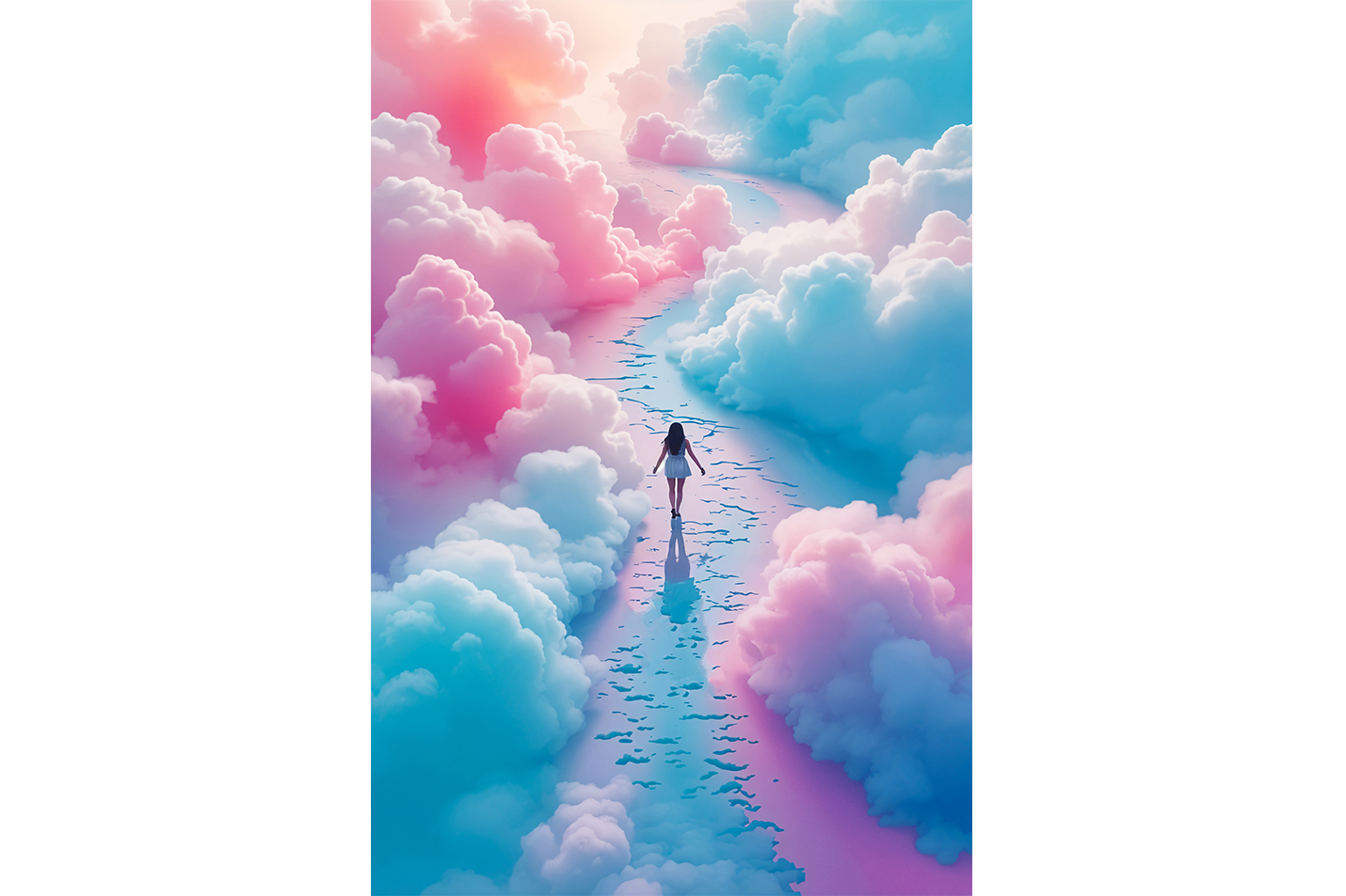 ai creation, woman walking among blue and pink clouds, ai art, art, kanvas tablo