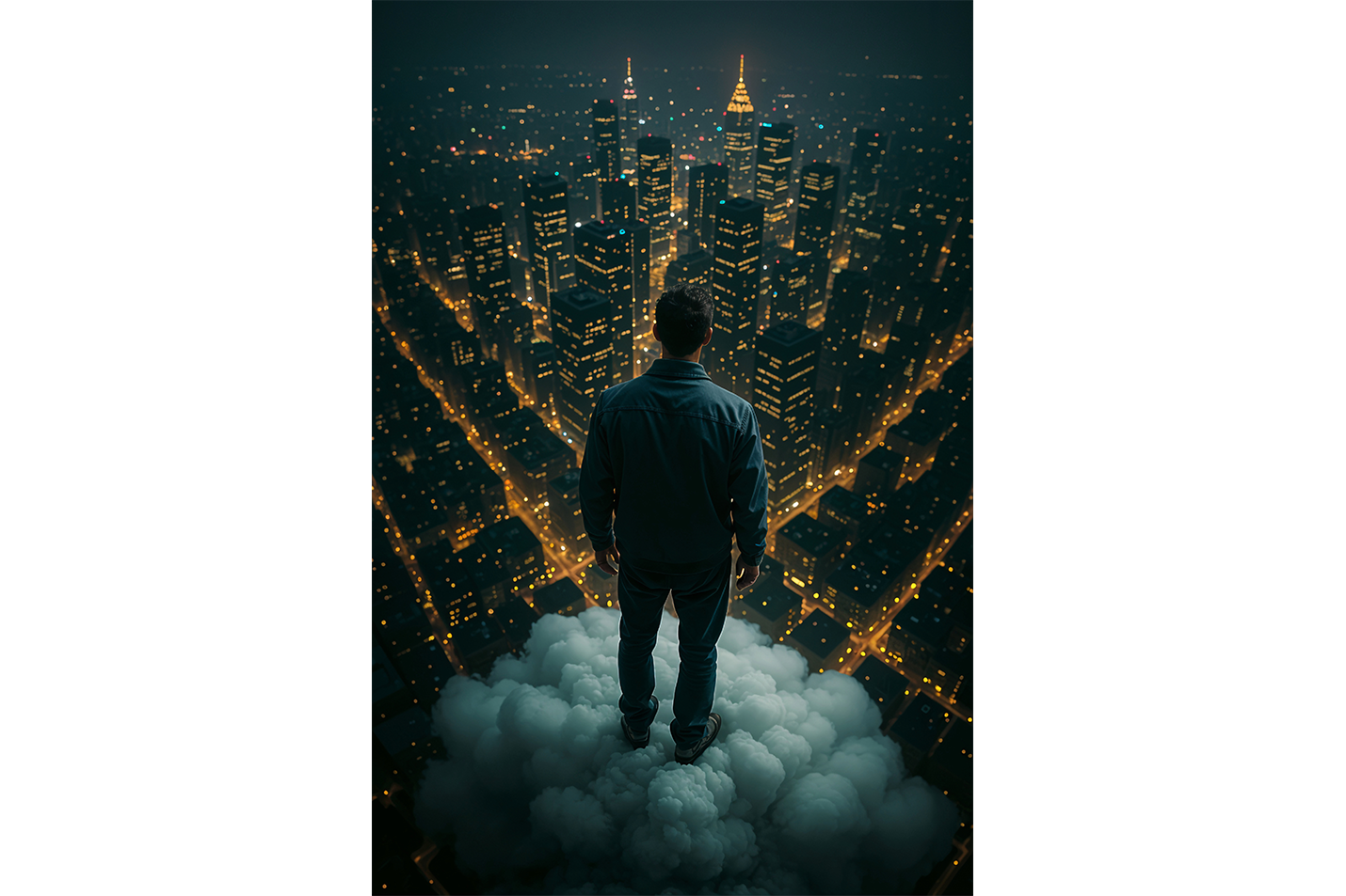 ai creation, man looking down on the city from above the cloud, ai art, art, kanvas tablo