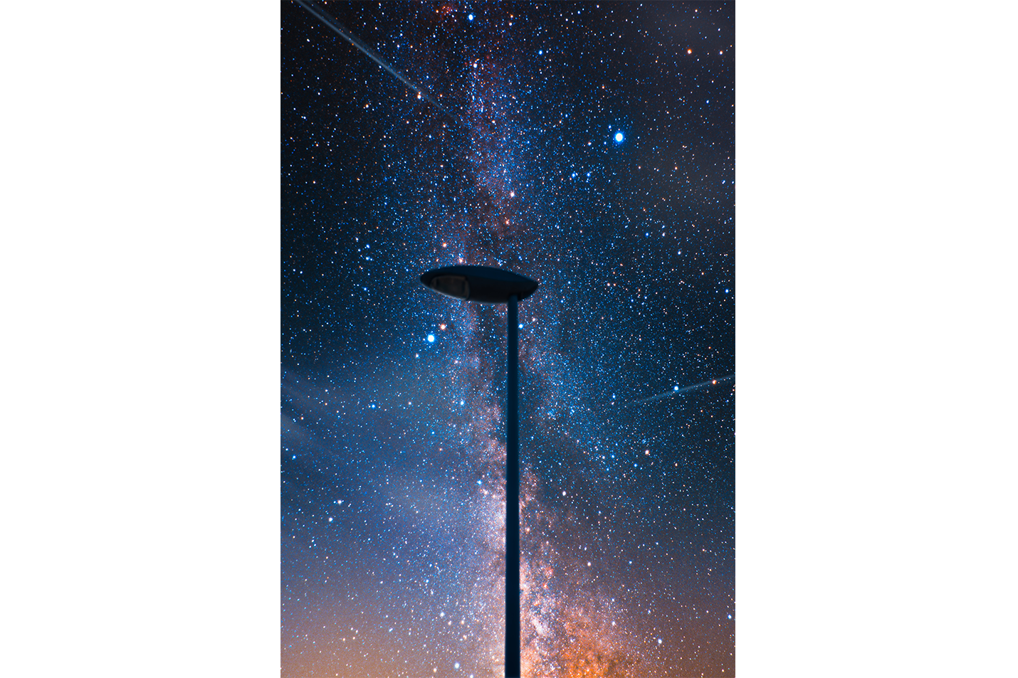 a street lamp silhouetted against a breathtaking starry night sky full of the milky way, abstract, art, kanvas tablo