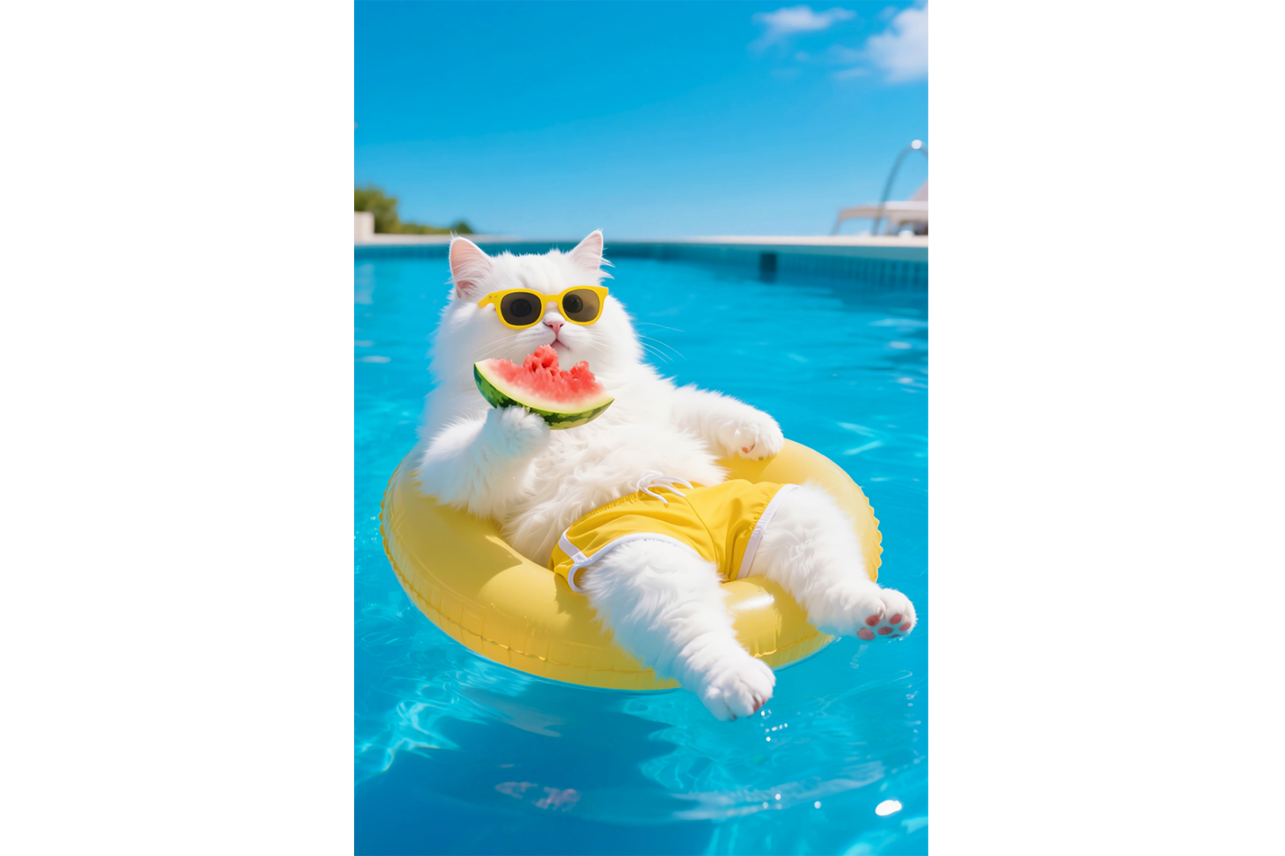 ai creation, cat swimming while eating watermelon, pet, ai art, art, kanvas tablo