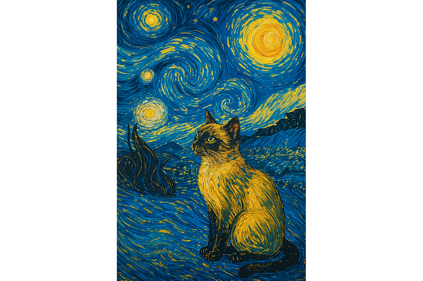 ai creation, van gogh starry night themed cat, ai art, art, kanvas tablo