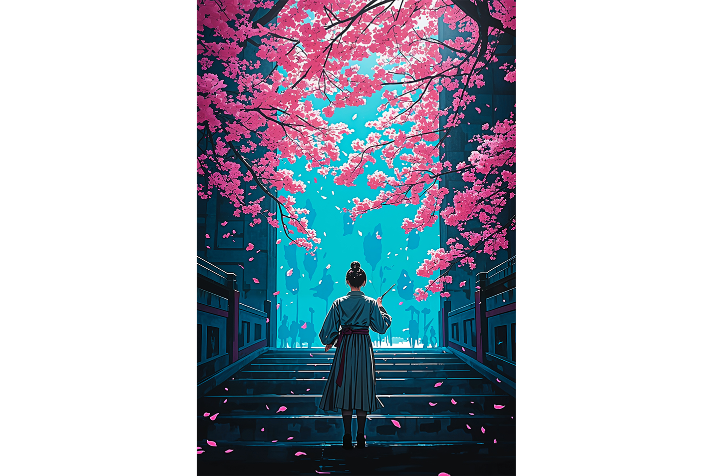 ai creation, master kung fu climbs stairs while pink leaves fall, ai art, art, kanvas tablo