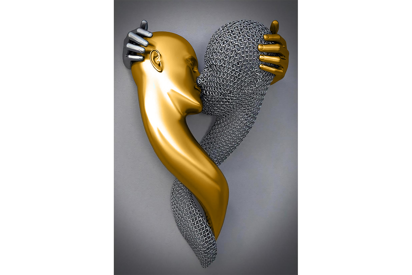 an abstract heart-shaped sculpture of a gold and a chainmail figure embracing model 1, art, kanvas tablo