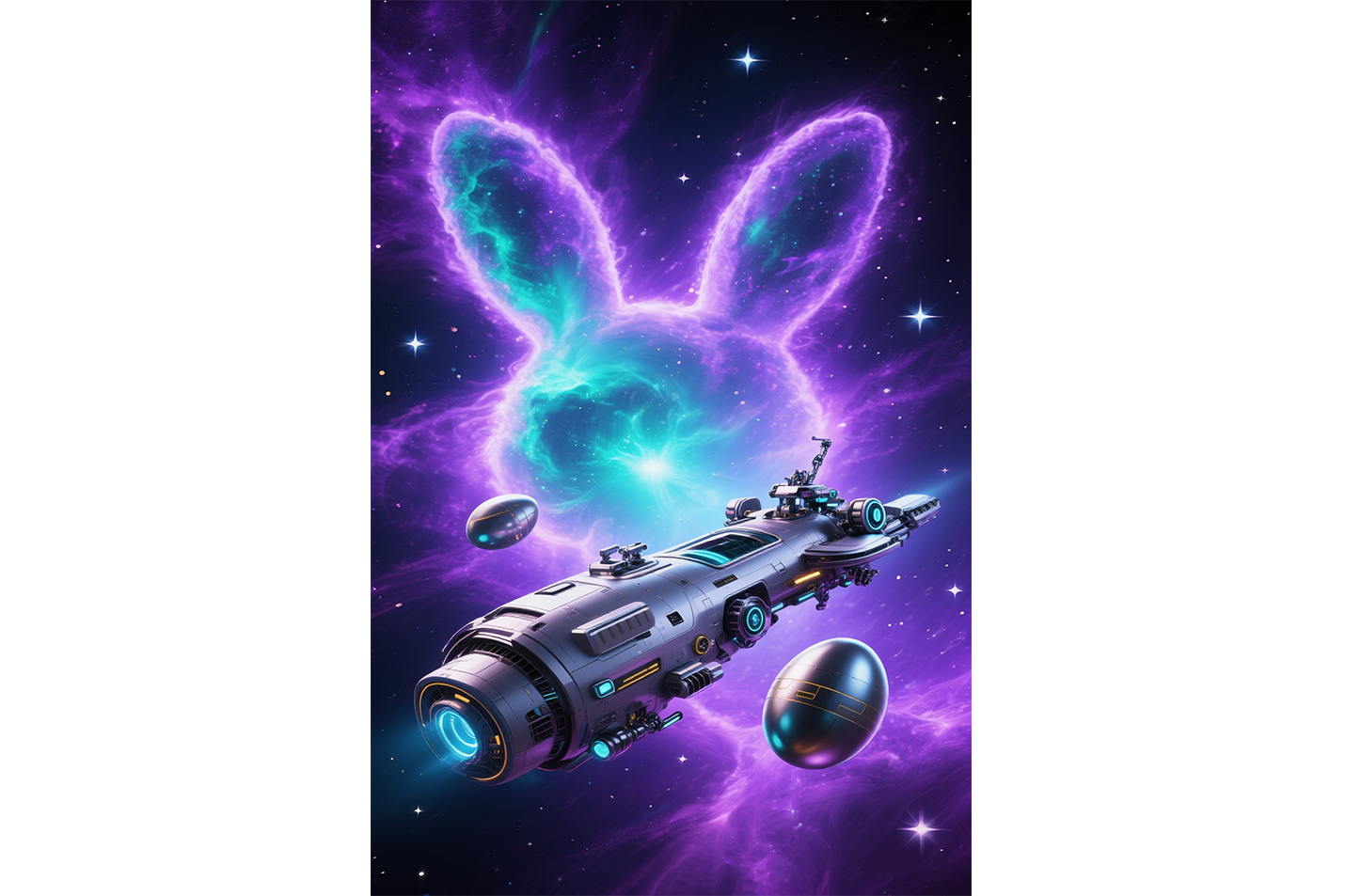 ai creation, rabbit and huge ship in space, ai art, art, kanvas tablo