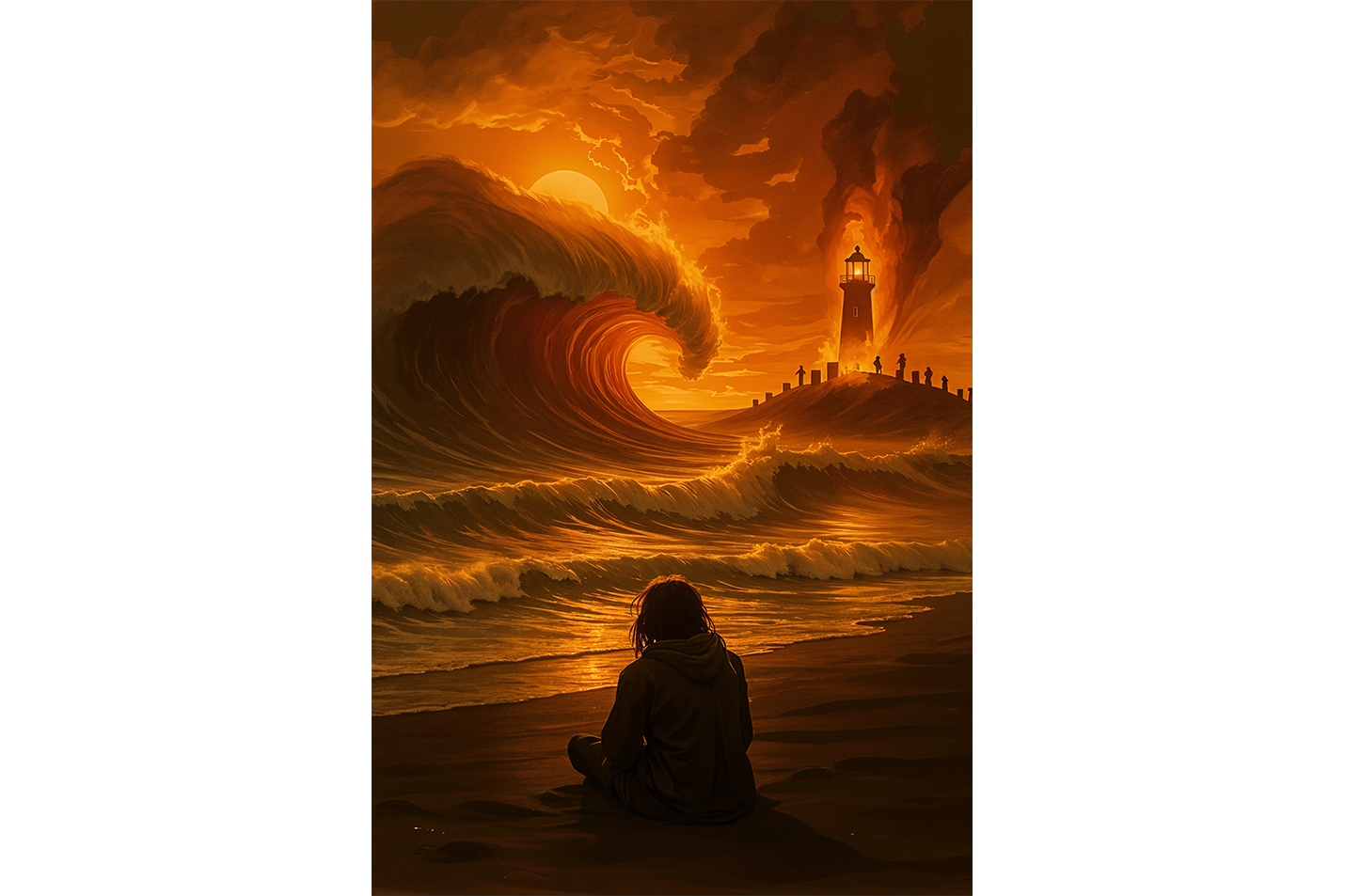 ai creation, girl watching giant waves crashing onto the beach fire themed, ai art, art, kanvas tablo