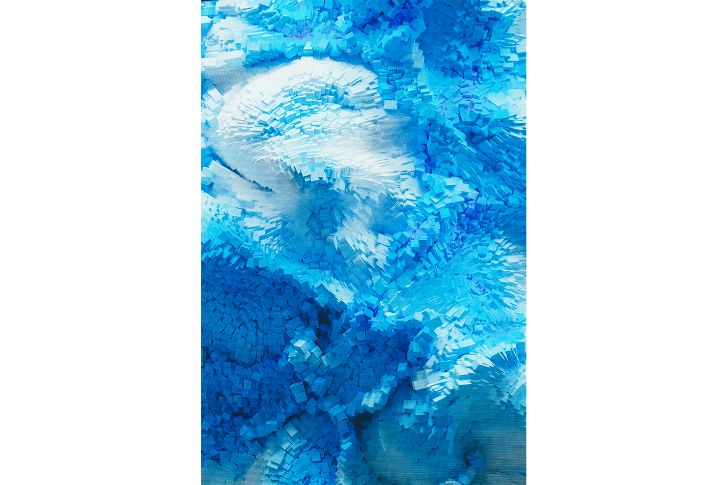 a digital abstract artwork showing an explosion of light blue three-dimensional pixel-like shapes, abstract, art, kanvas tablo