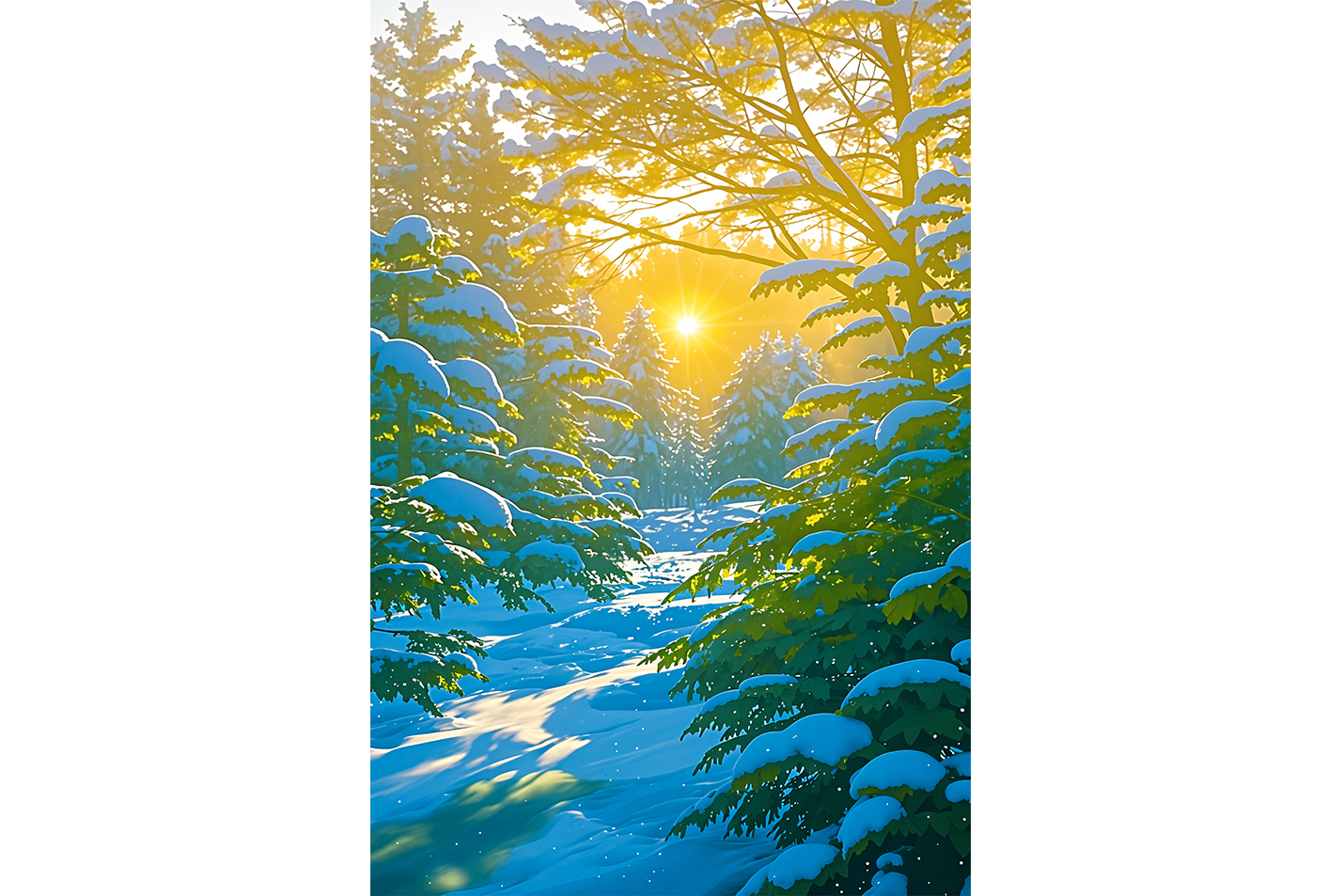 ai creation, sun filtering through the snow covered forest, ai art, art, kanvas tablo