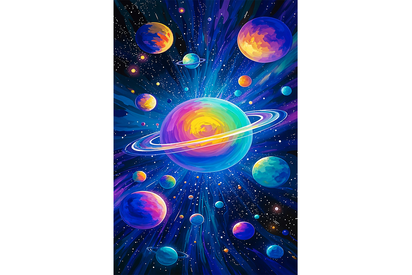 ai creation, saturn and the other colorful planets in its orbit model 2, ai art, art, kanvas tablo