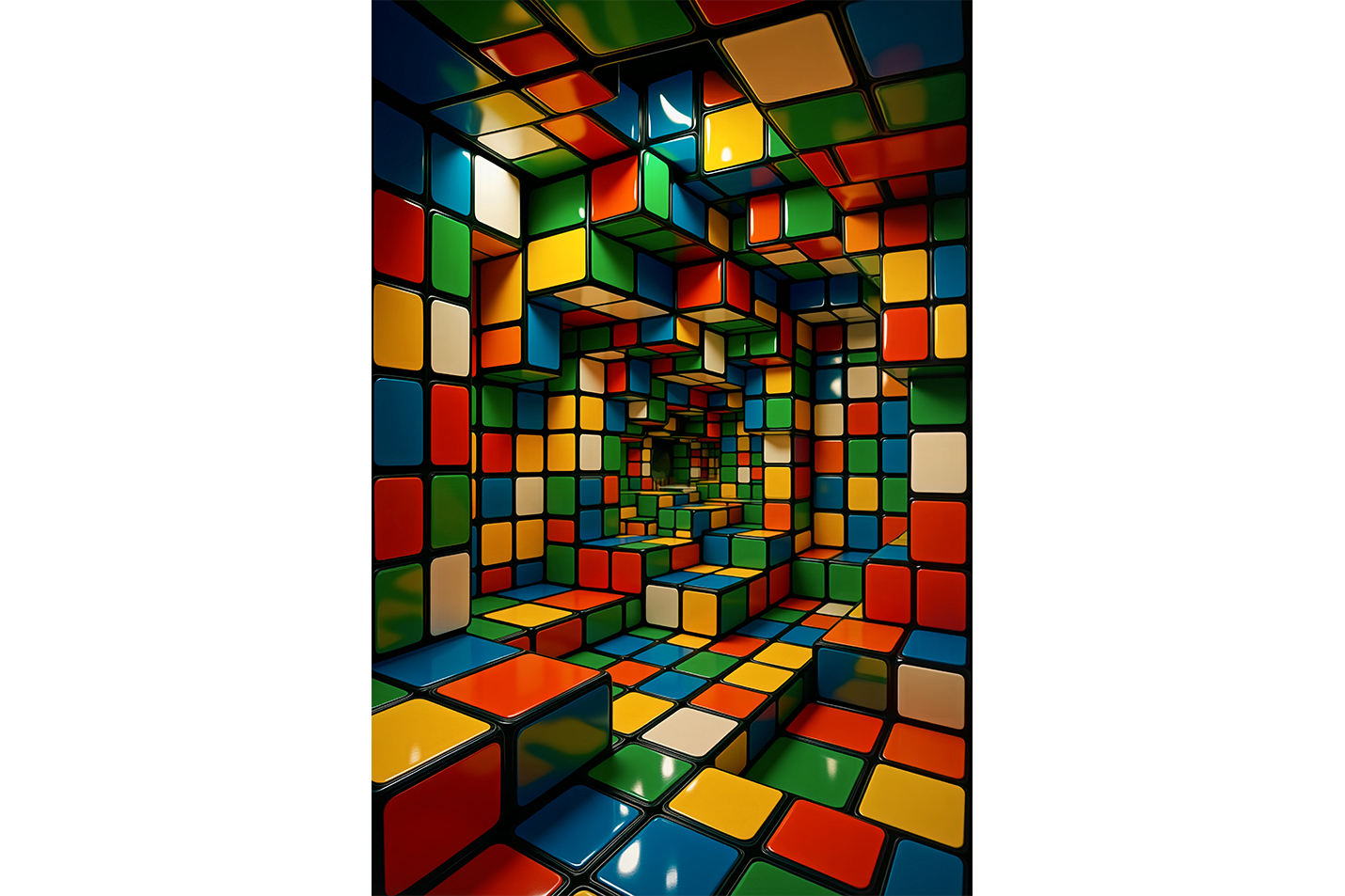 Renkli Küplerden Zeka Küpü Labirenti 3D Geometrik Desenli Soyut Kanvas Tablo
