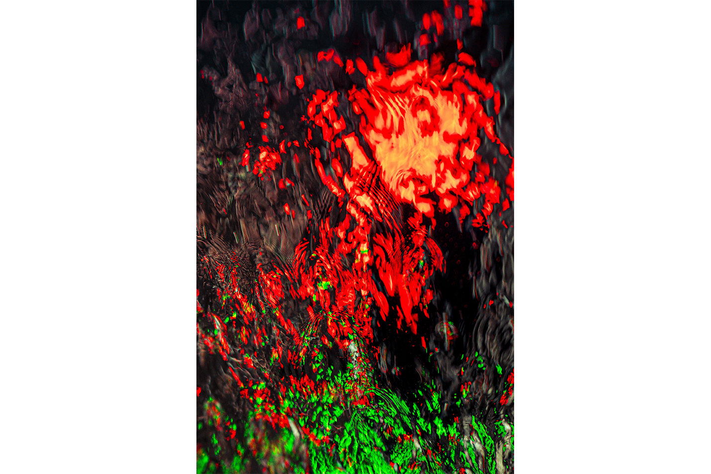 an abstract photo of bright red and green lights reflecting on dark, rippling water, abstract, art, kanvas tablo