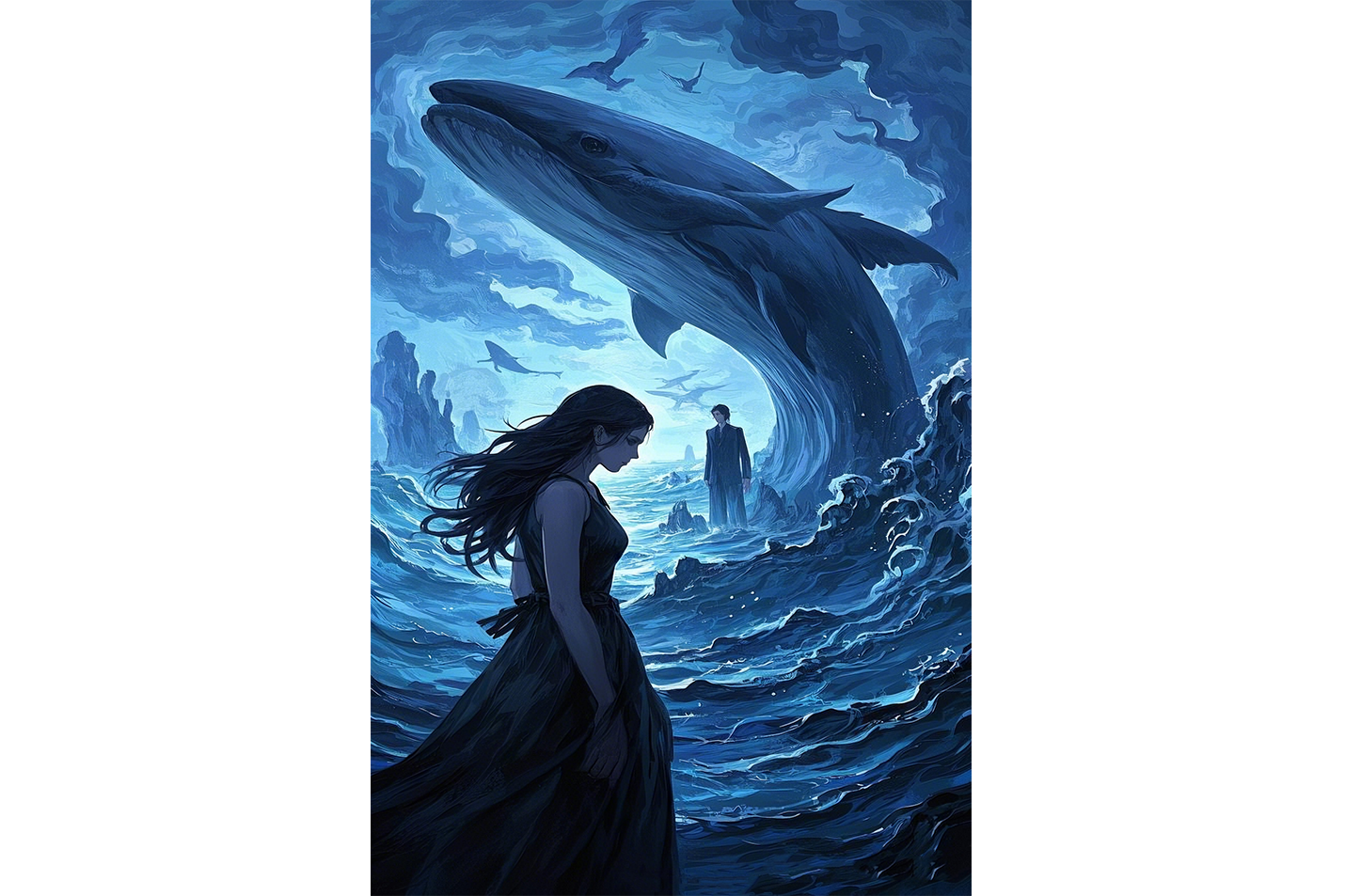 ai creation, giant whale in the middle of the sea, ai art, art, kanvas tablo