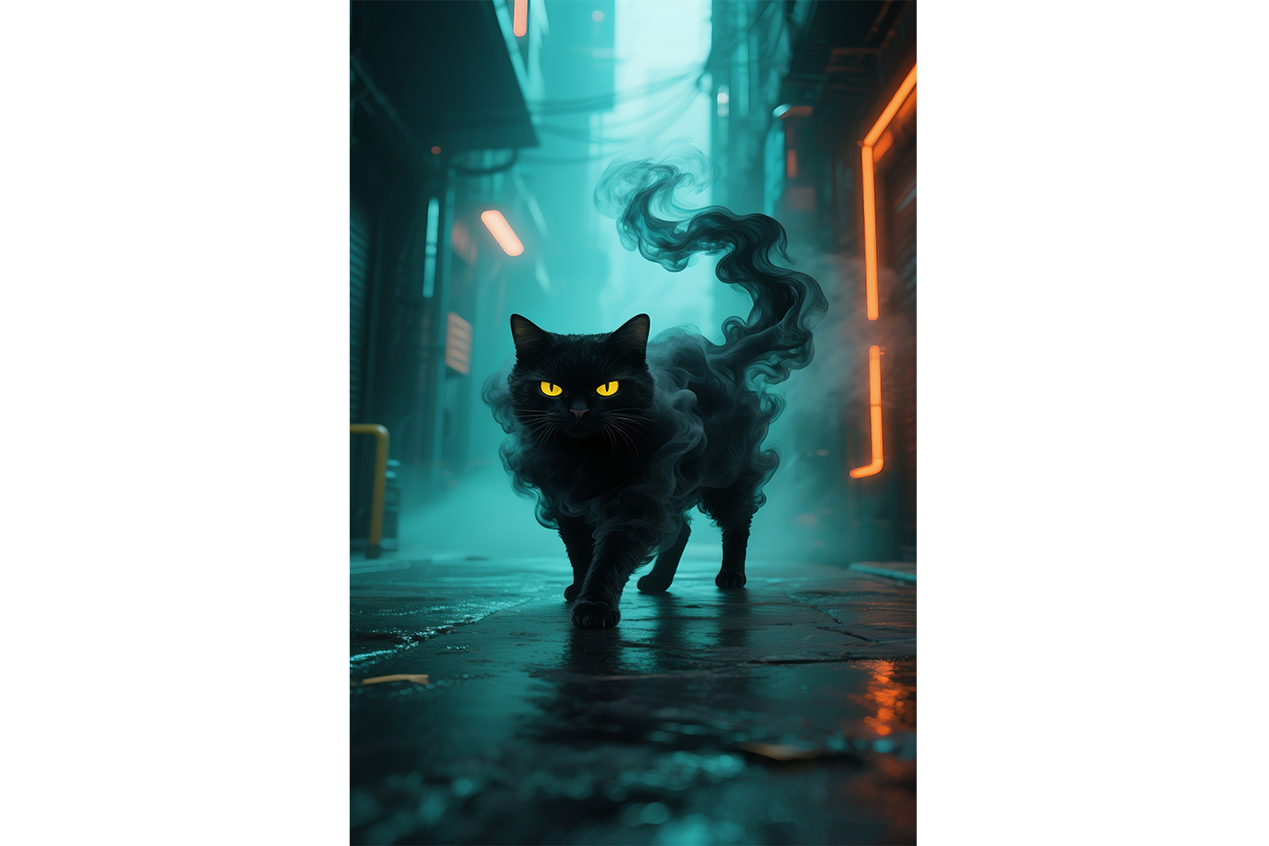 ai creation, cat in neon green fog, pet, ai art, art, kanvas tablo