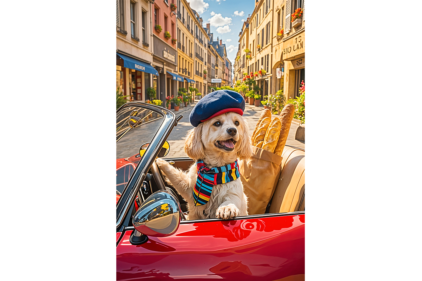 ai creation, modern dog driving a car with his cool hat, ai art, art, kanvas tablo