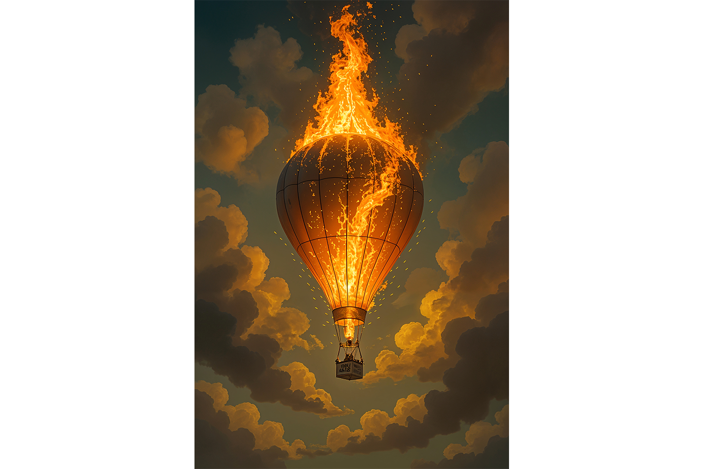 ai creation, a burning hot air balloon falling, ai art, art, kanvas tablo