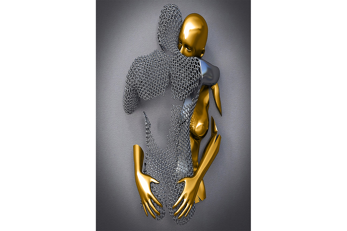 a silver mesh mother figure protectively embracing her small golden child model 3, art, kanvas tablo