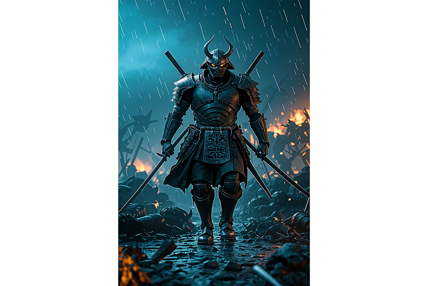 ai creation, the winner of the war, the samurai with shining eyes, ai art, art, kanvas tablo