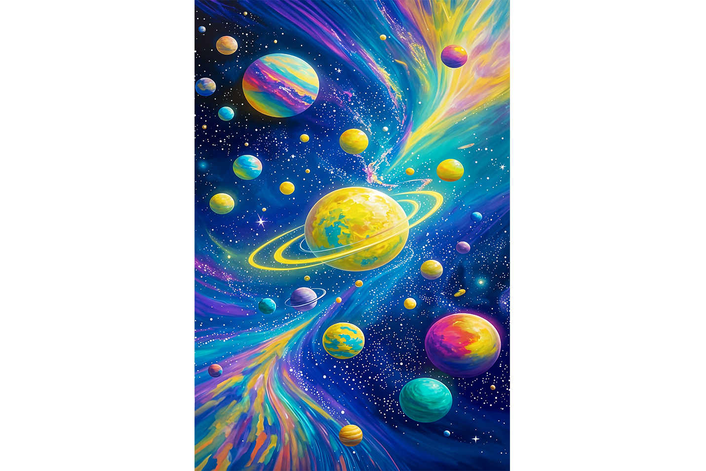 ai creation, saturn and the other colorful planets in its orbit model 1, ai art, art, kanvas tablo