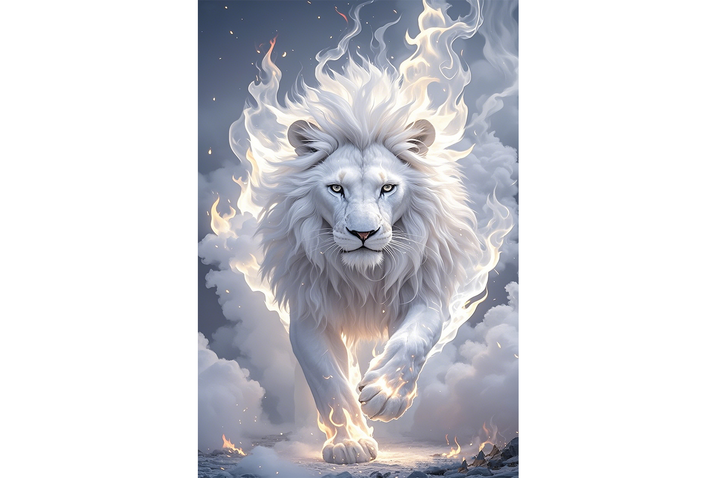 ai creation, white lion in white flames, pet, ai art, art, kanvas tablo