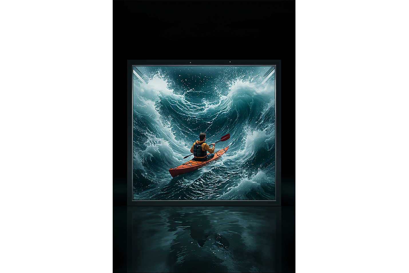 ai creation, kayaker battling huge stormy waves, coming out of a screen, ai art, art, kanvas tablo