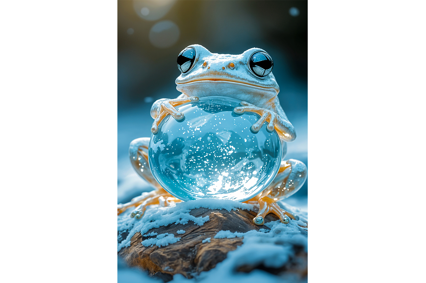 ai creation, frog leaning on snow globe, winter themed, ai art, art, kanvas tablo
