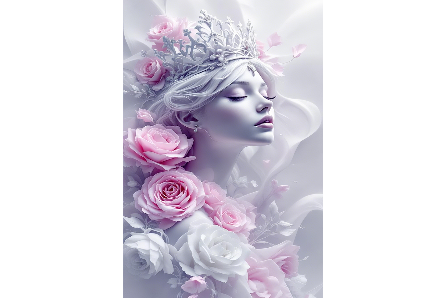 ai creation, a serene queen with a delicate white crown surrounded by pink roses, ai art, art, kanvas tablo